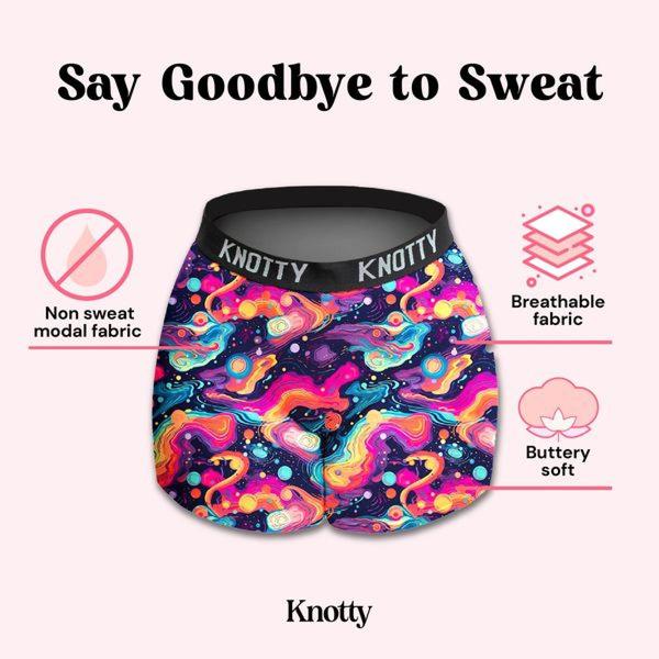 A 1:1 ratio ad featuring a pair of patterned boxer briefs with clear callouts for fabric technology and comfort benefits.
